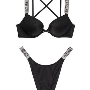 Victoria's Secret Bombshell Rhinestone Black Brazilian Bikini Set 32A / M 🖤🪩🖤🪩